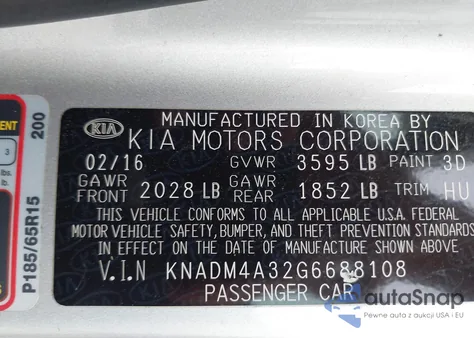 2016 Kia Rio Lx z USA, uszkodzony, nr VIN KNADM4A32G6688108